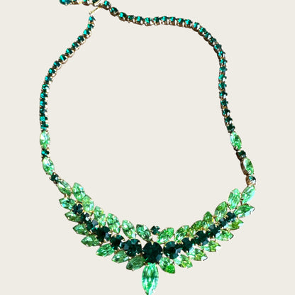 Mid-Century Emerald & Peridot Uranium Glass Rhinestone Floral Collar Necklace
