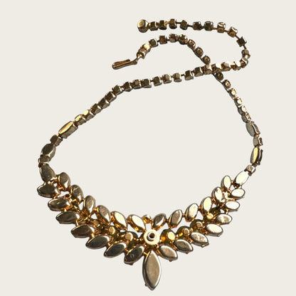 Mid-Century Emerald & Peridot Uranium Glass Rhinestone Floral Collar Necklace