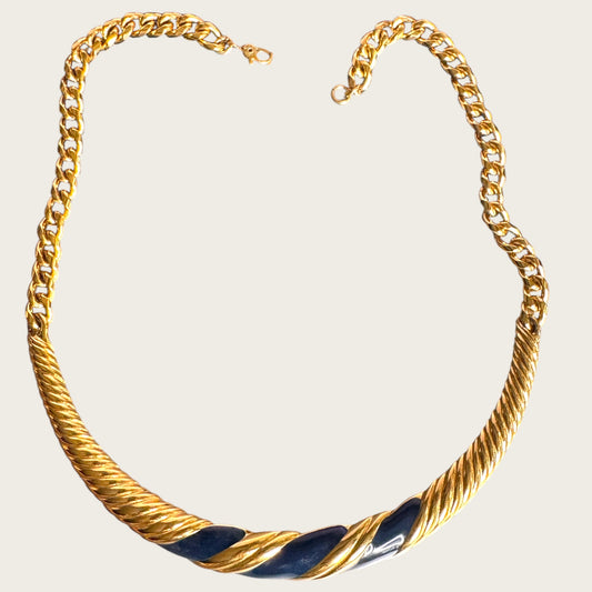 Vintage Monet Navy Enamel Twisted Collar Necklace in Sculpted Gold Tone