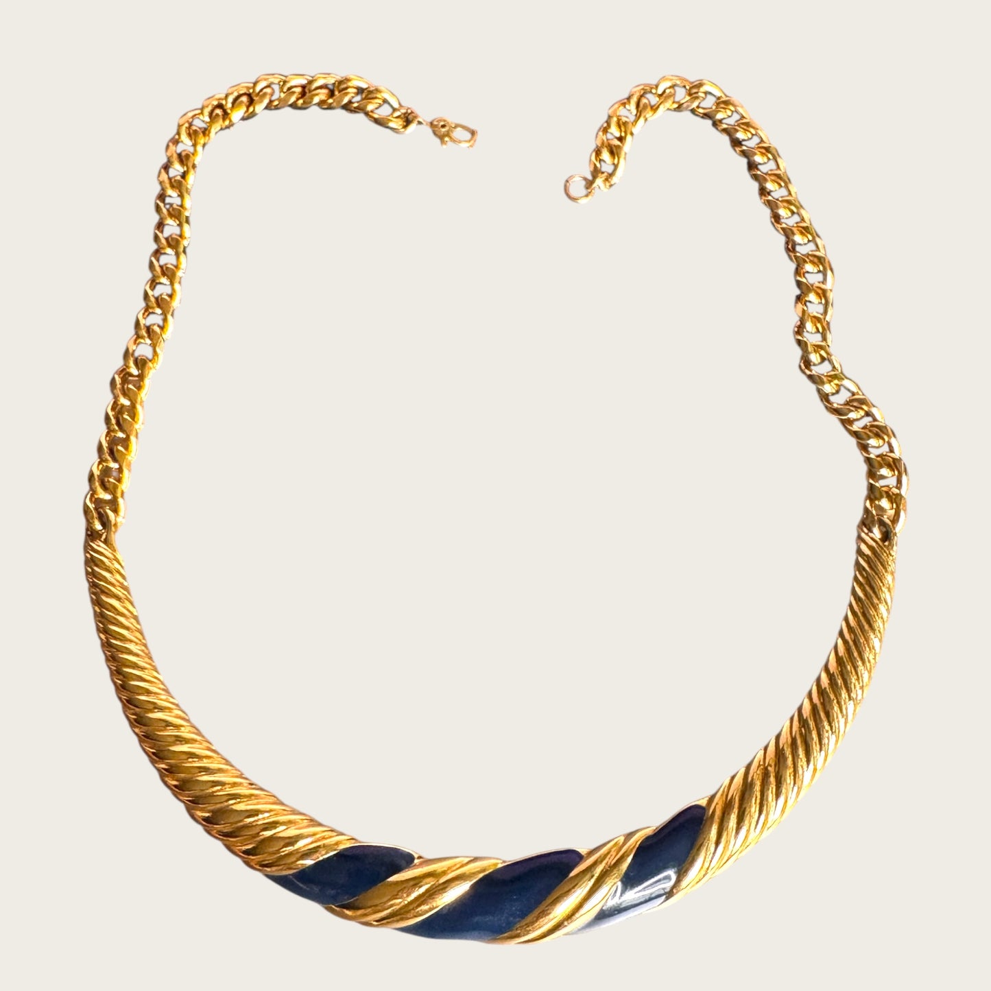 Vintage Monet Navy Enamel Twisted Collar Necklace in Sculpted Gold Tone