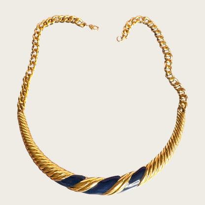 Vintage Monet Navy Enamel Twisted Collar Necklace in Sculpted Gold Tone