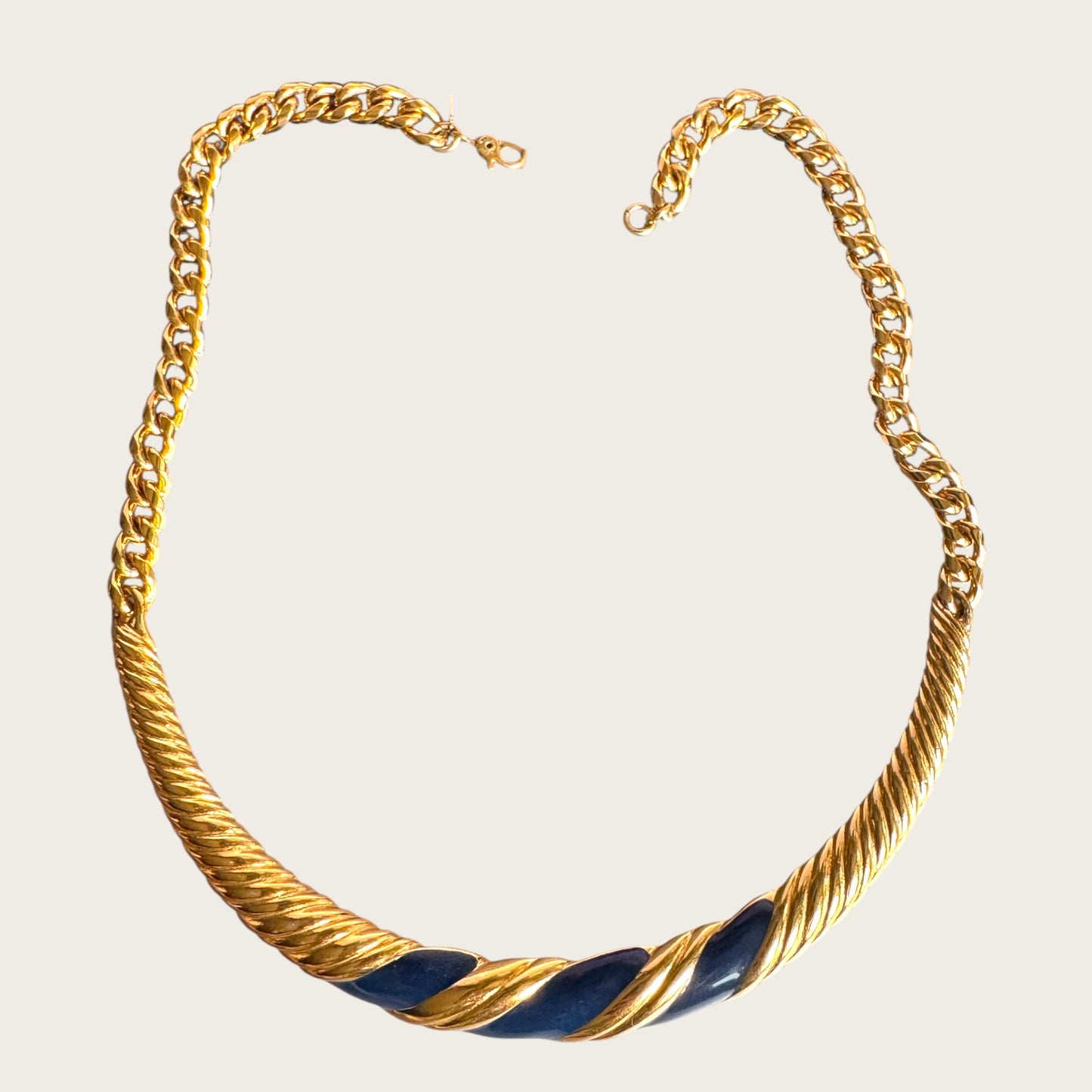 Vintage Monet Navy Enamel Twisted Collar Necklace in Sculpted Gold Tone