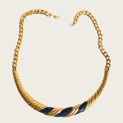 Vintage Monet Navy Enamel Twisted Collar Necklace in Sculpted Gold Tone