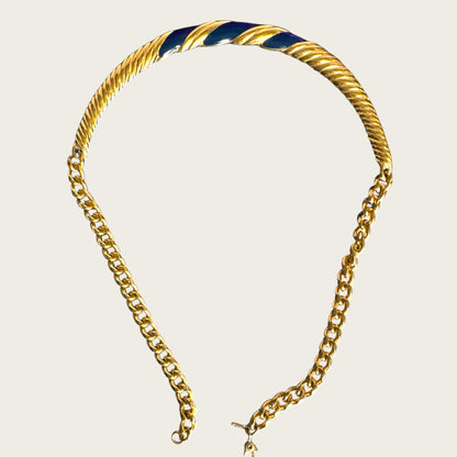 Vintage Monet Navy Enamel Twisted Collar Necklace in Sculpted Gold Tone