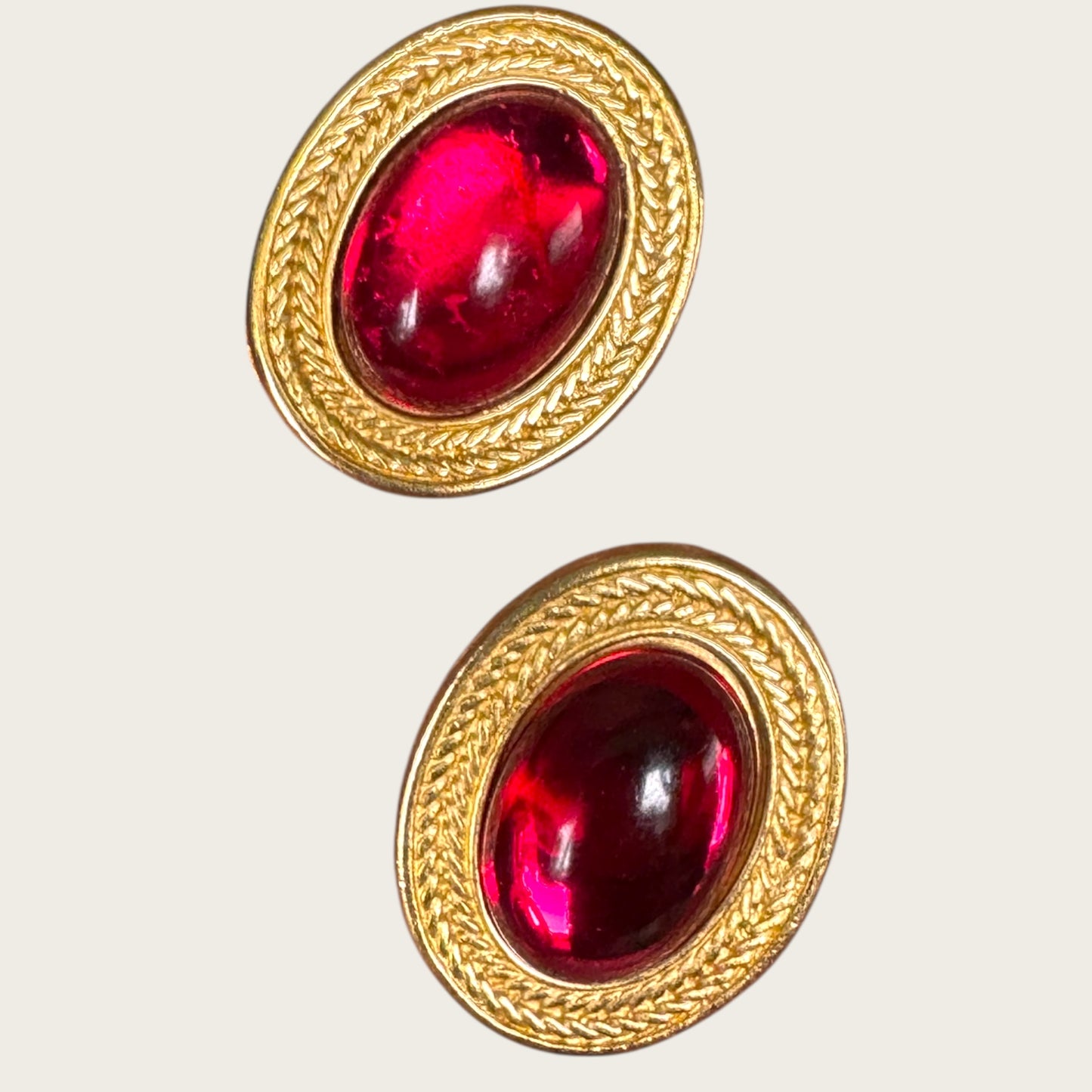 Vintage Monet Cranberry Cabochon Oval Earrings – Braided Gold Setting