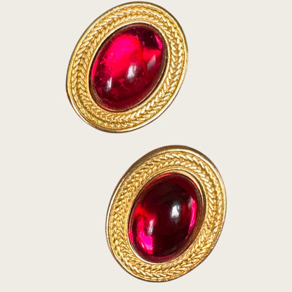 Vintage Monet Cranberry Cabochon Oval Earrings – Braided Gold Setting