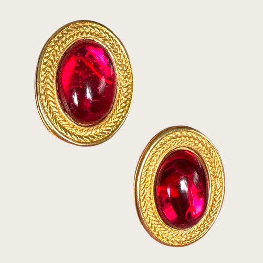 Vintage Monet Cranberry Cabochon Oval Earrings – Braided Gold Setting