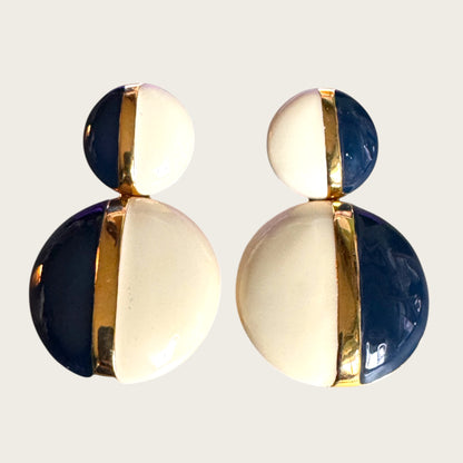 Vintage Monet Navy & Cream Enamel Articulated Disc Earrings