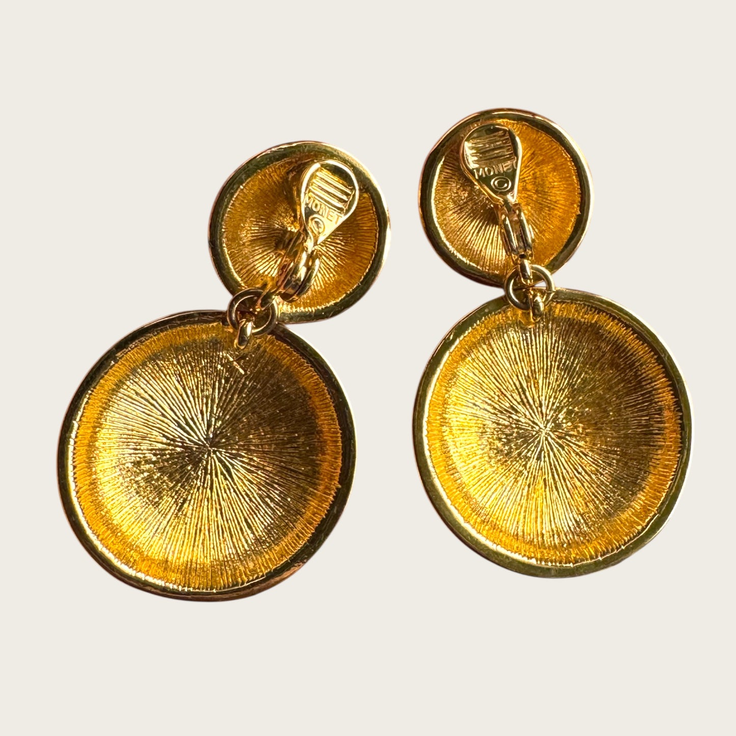 Vintage Monet Navy & Cream Enamel Articulated Disc Earrings
