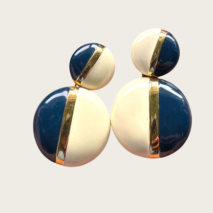 Vintage Monet Navy & Cream Enamel Articulated Disc Earrings
