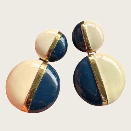Vintage Monet Navy & Cream Enamel Articulated Disc Earrings