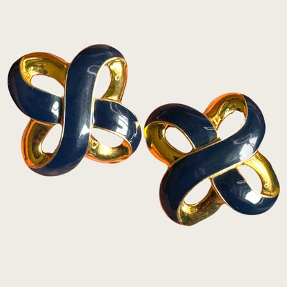 Vintage Monet Navy & Cream Enamel Interlocking Knot Clip-On Earrings