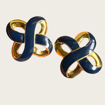 Vintage Monet Navy & Cream Enamel Interlocking Knot Clip-On Earrings