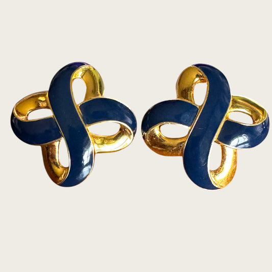 Vintage Monet Navy & Cream Enamel Interlocking Knot Clip-On Earrings