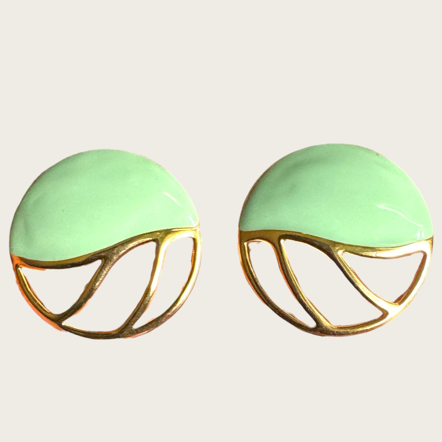 Vintage Monet Mint Green Enamel & Openwork Gold Dome Earrings
