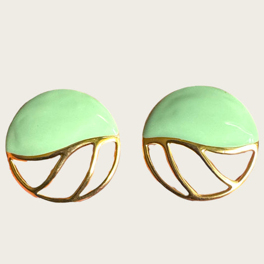 Vintage Monet Mint Green Enamel & Openwork Gold Dome Earrings
