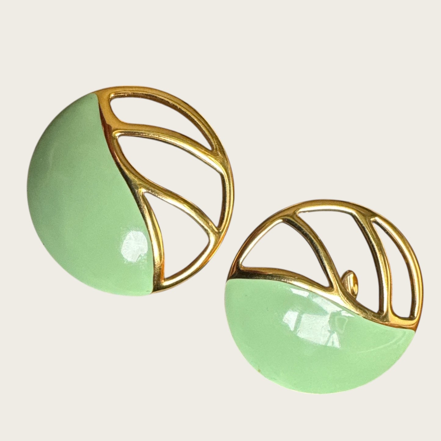 Vintage Monet Mint Green Enamel & Openwork Gold Dome Earrings