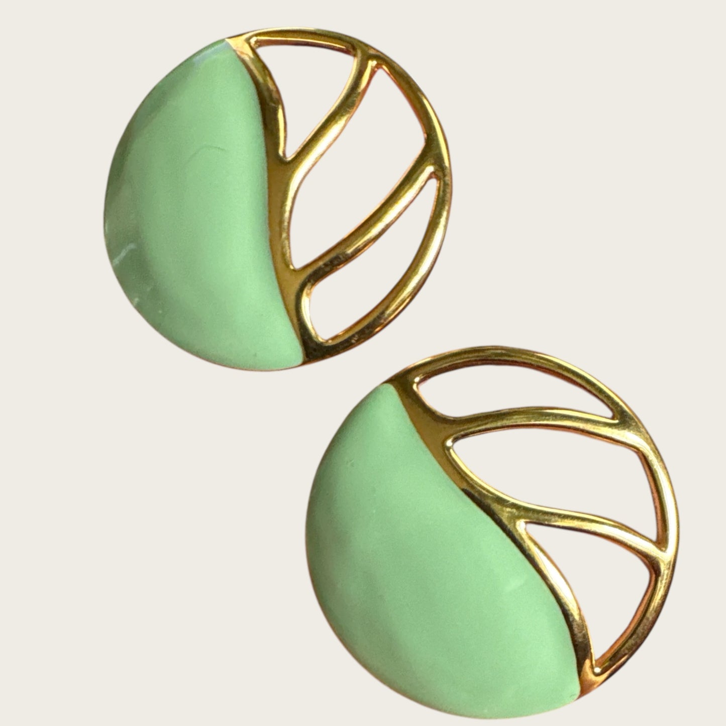 Vintage Monet Mint Green Enamel & Openwork Gold Dome Earrings