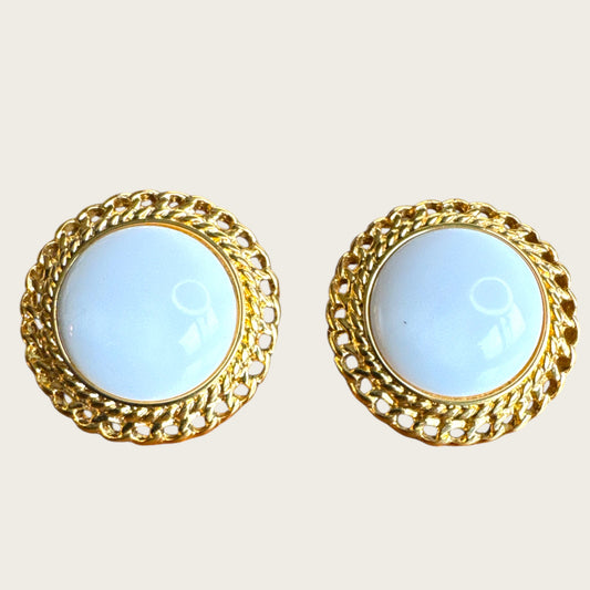 Vintage Monet White Lucite Cabochon & Twisted Rope Gold Earrings Classic Statement