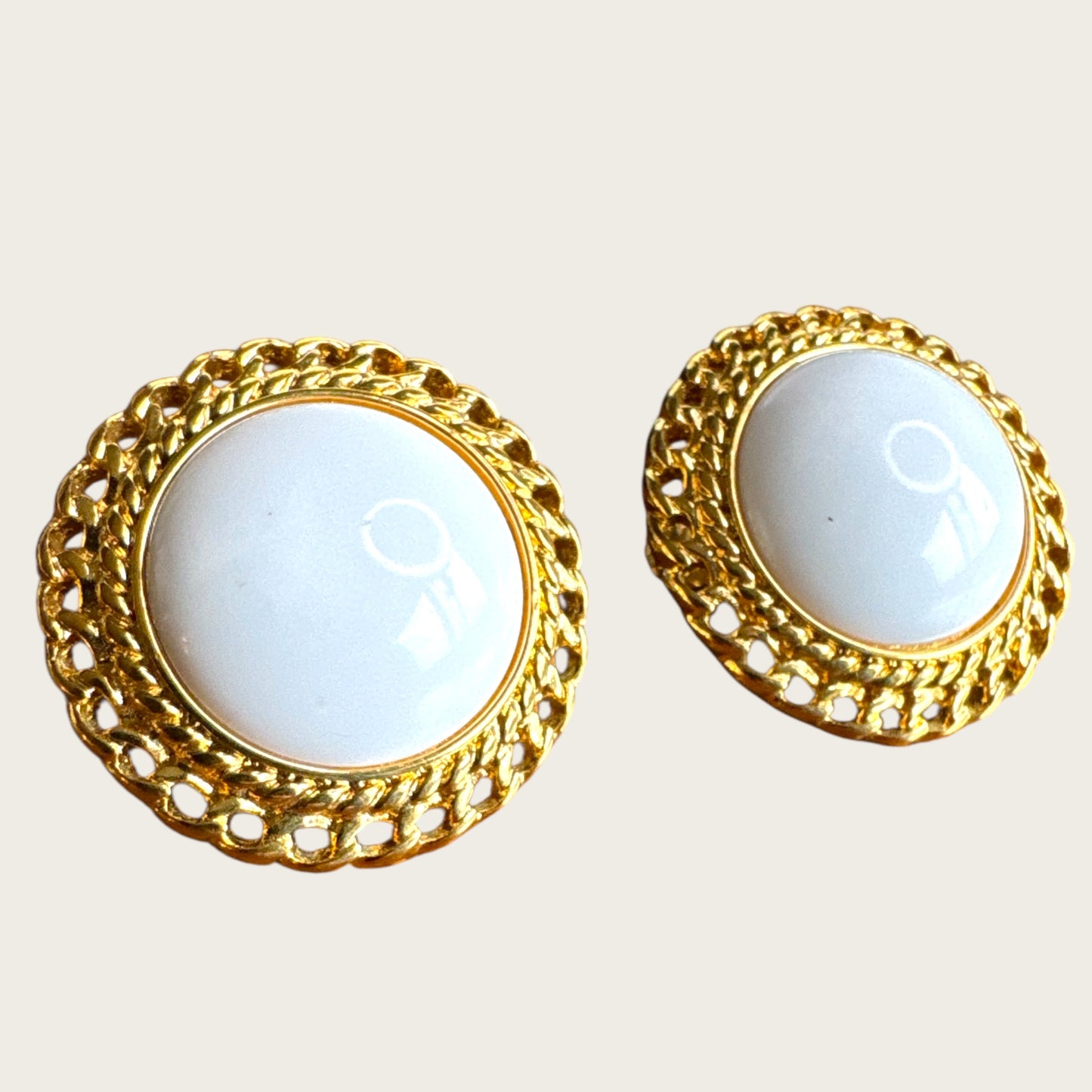 Vintage Monet White Lucite Cabochon & Twisted Rope Gold Earrings Classic Statement