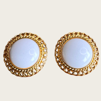 Vintage Monet White Lucite Cabochon & Twisted Rope Gold Earrings Classic Statement
