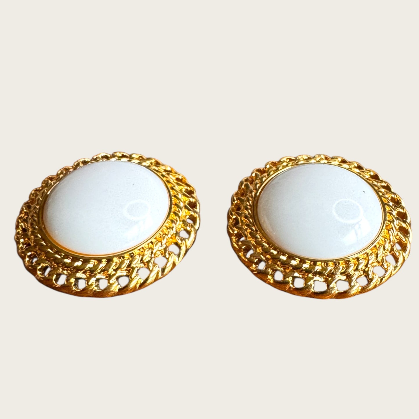 Vintage Monet White Lucite Cabochon & Twisted Rope Gold Earrings Classic Statement
