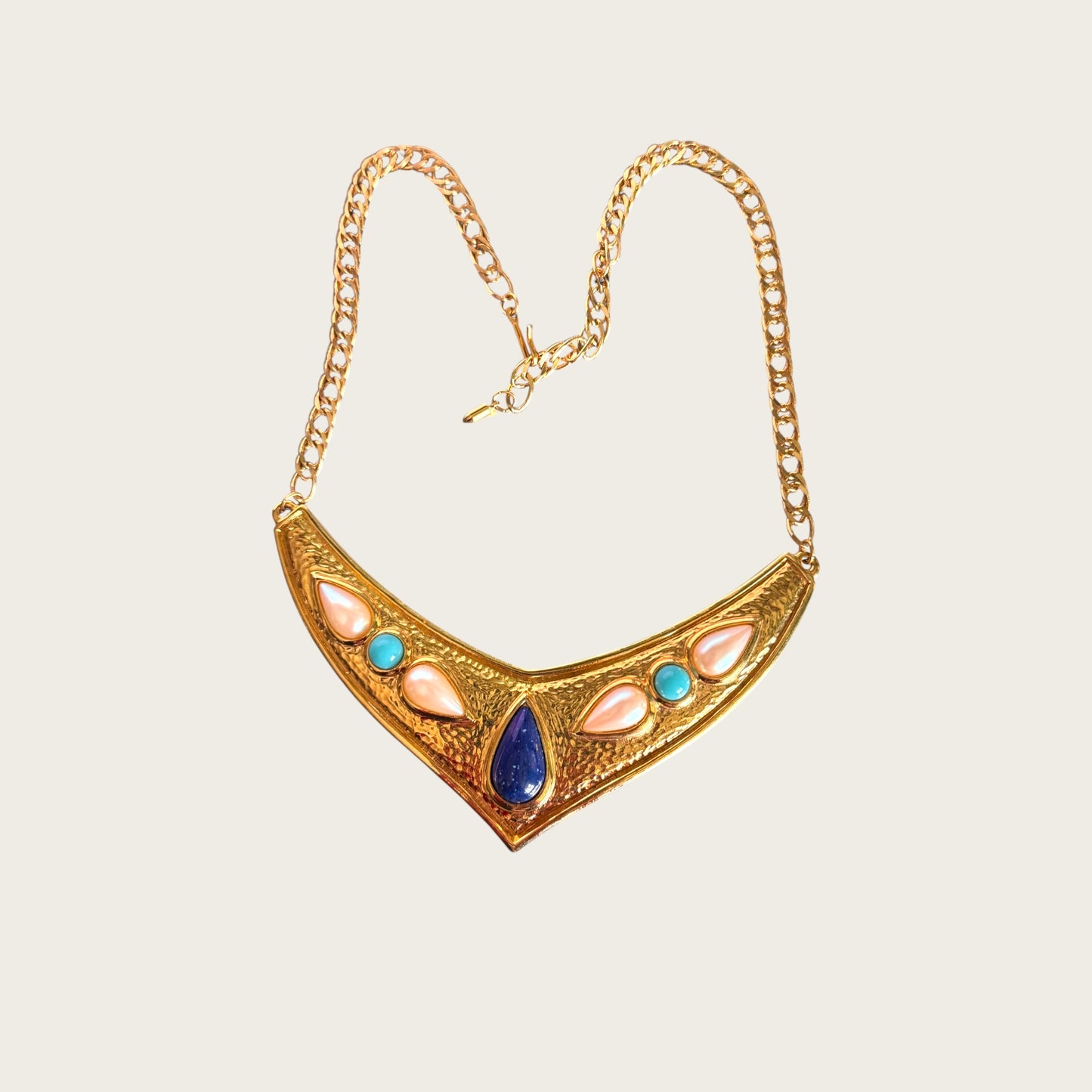 Vintage 1980s Avon V-Shaped Bib Collar Necklace – Gold Tone with Faux Pearls & Blue Cabochons