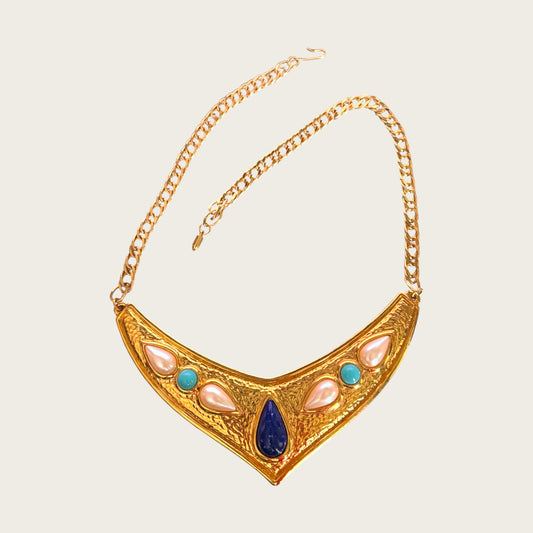 Vintage 1980s Avon V-Shaped Bib Collar Necklace – Gold Tone with Faux Pearls & Blue Cabochons