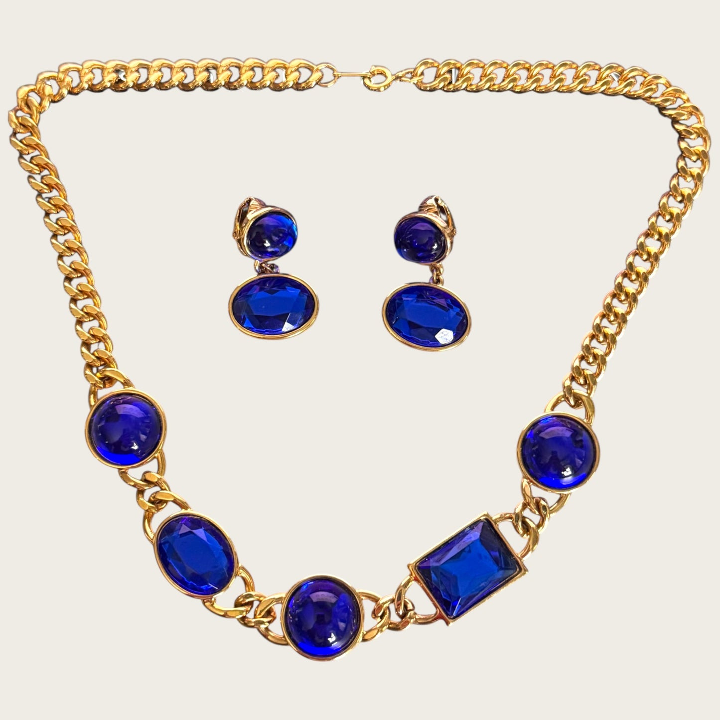 Vintage 1980s Signed Avon Cobalt Blue Glass & Lucite Necklace and Earring Set