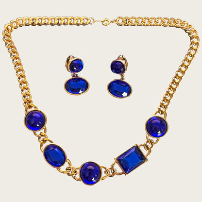 Vintage 1980s Signed Avon Cobalt Blue Glass & Lucite Necklace and Earring Set
