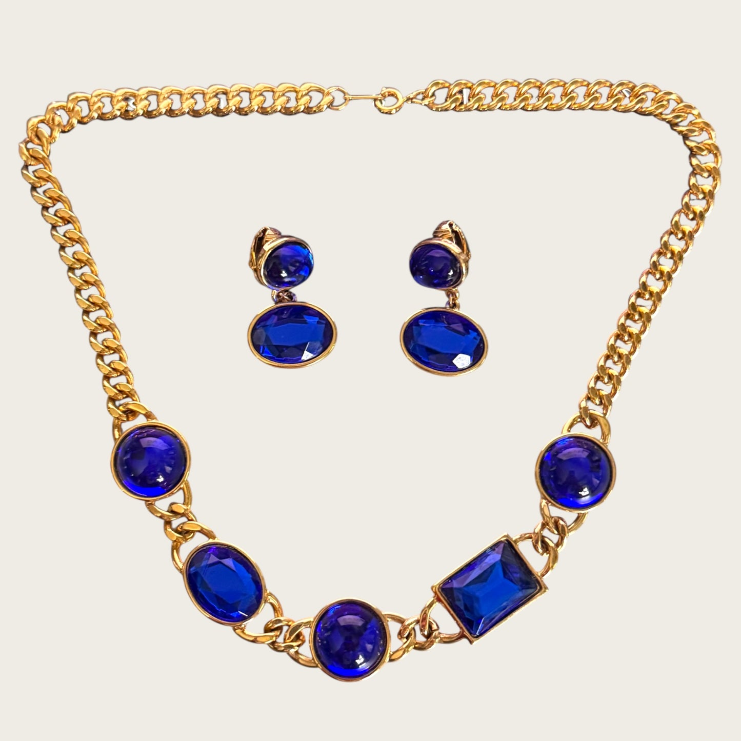 Vintage 1980s Signed Avon Cobalt Blue Glass & Lucite Necklace and Earring Set