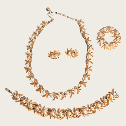 Vintage 1970s Avon Signed Leaf & Faux Pearl Complete Parure