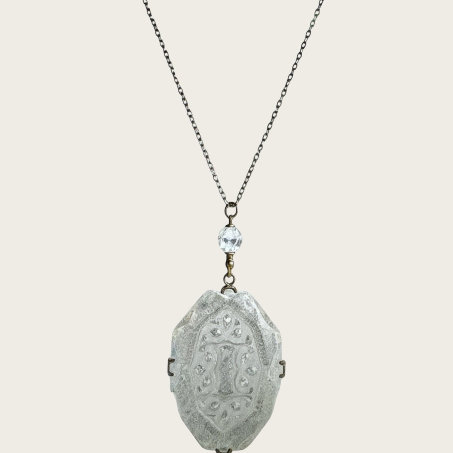 Antique Signed Czechoslovakia Intaglio Glass Pendant Necklace – Art Deco Drop