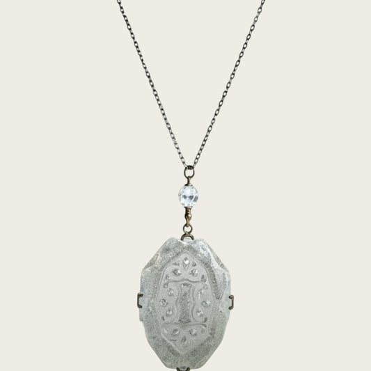 Antique Signed Czechoslovakia Intaglio Glass Pendant Necklace – Art Deco Drop