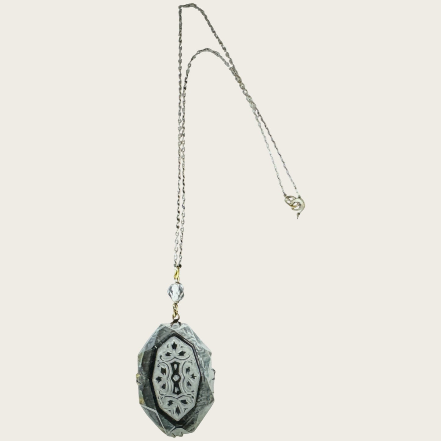 Antique Signed Czechoslovakia Intaglio Glass Pendant Necklace – Art Deco Drop