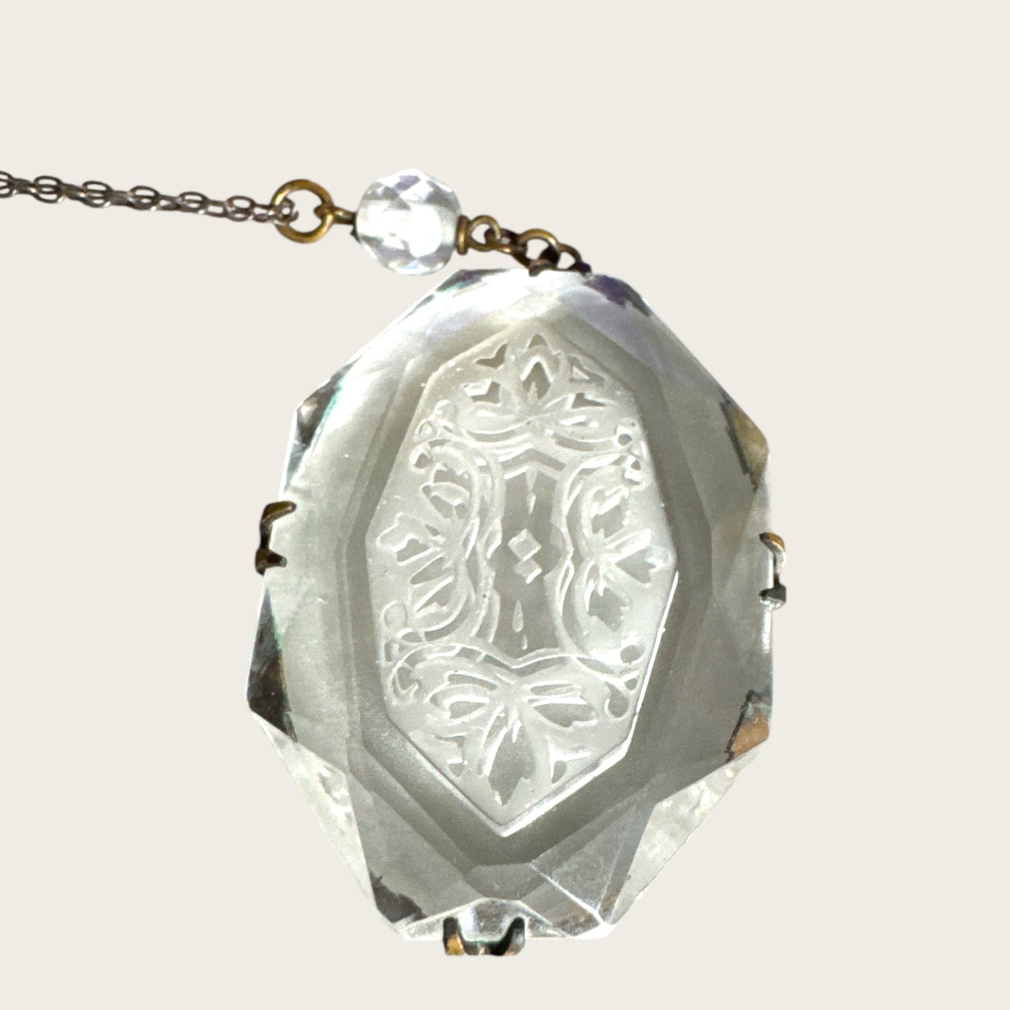 Antique Signed Czechoslovakia Intaglio Glass Pendant Necklace – Art Deco Drop