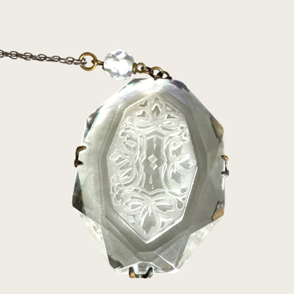 Antique Signed Czechoslovakia Intaglio Glass Pendant Necklace – Art Deco Drop