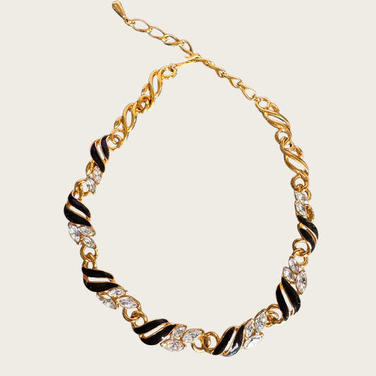 Signed Trifari Black Enamel & Marquise Rhinestone Collar Necklace – 1970s–1980s