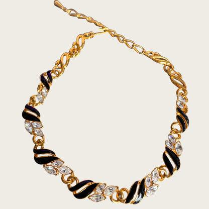 Signed Trifari Black Enamel & Marquise Rhinestone Collar Necklace – 1970s–1980s