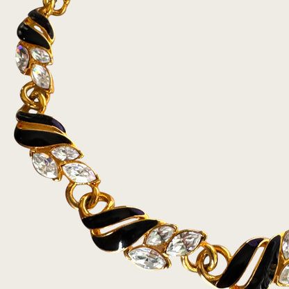 Signed Trifari Black Enamel & Marquise Rhinestone Collar Necklace – 1970s–1980s