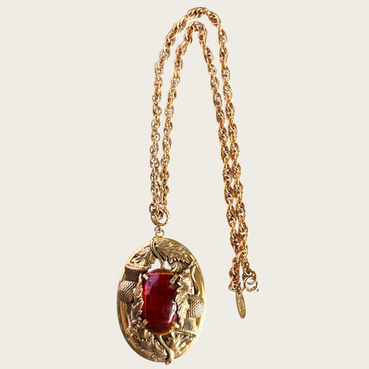 Vintage 1960s Whiting & Davis Thistle Pendant Necklace – Amber Glass Cabochon Statement