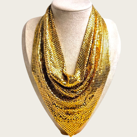 Vintage 1970s Whiting & Davis Gold Mesh Bib Necklace – Couture Statement Collar