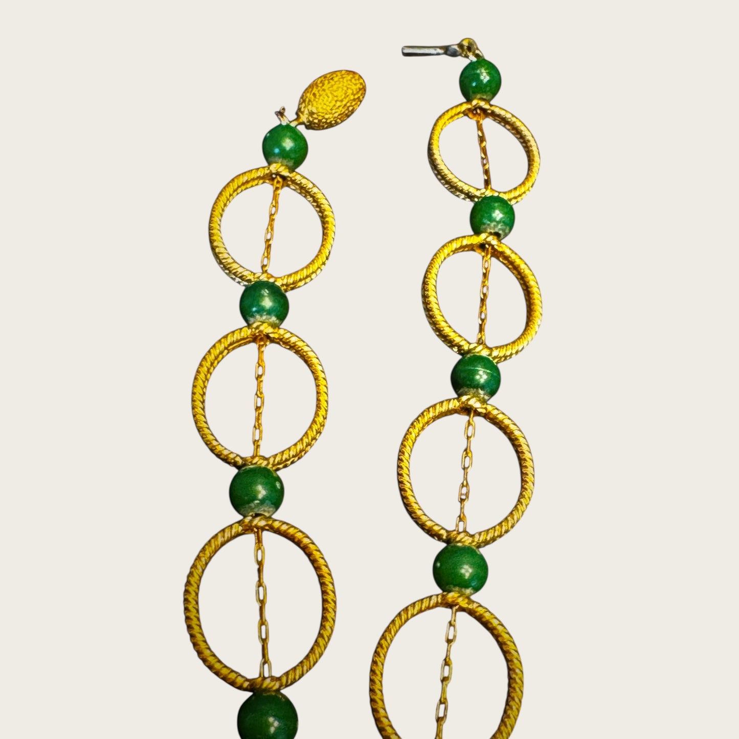 Vintage 1960s Gold-Tone Multi-Strand Necklace & Bracelet Set – Architectural Clasp with Green Bead Accents