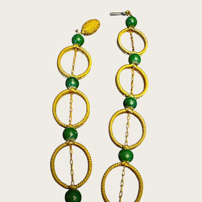 Vintage 1960s Gold-Tone Multi-Strand Necklace & Bracelet Set – Architectural Clasp with Green Bead Accents