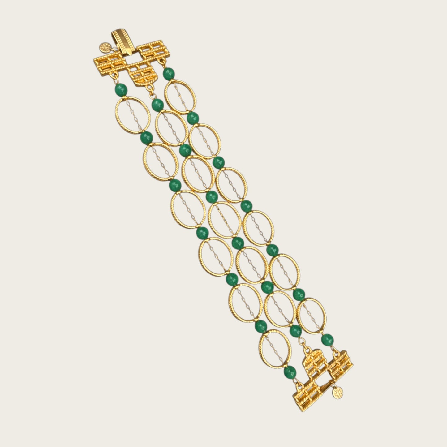 Vintage 1960s Gold-Tone Multi-Strand Necklace & Bracelet Set – Architectural Clasp with Green Bead Accents