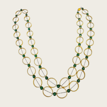 Vintage 1960s Gold-Tone Multi-Strand Necklace & Bracelet Set – Architectural Clasp with Green Bead Accents