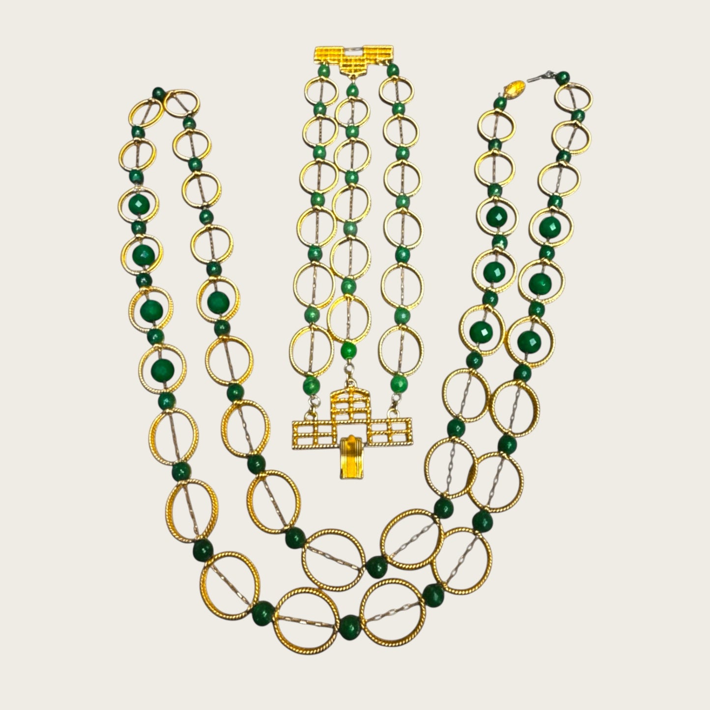 Vintage 1960s Gold-Tone Multi-Strand Necklace & Bracelet Set – Architectural Clasp with Green Bead Accents