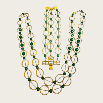 Vintage 1960s Gold-Tone Multi-Strand Necklace & Bracelet Set – Architectural Clasp with Green Bead Accents