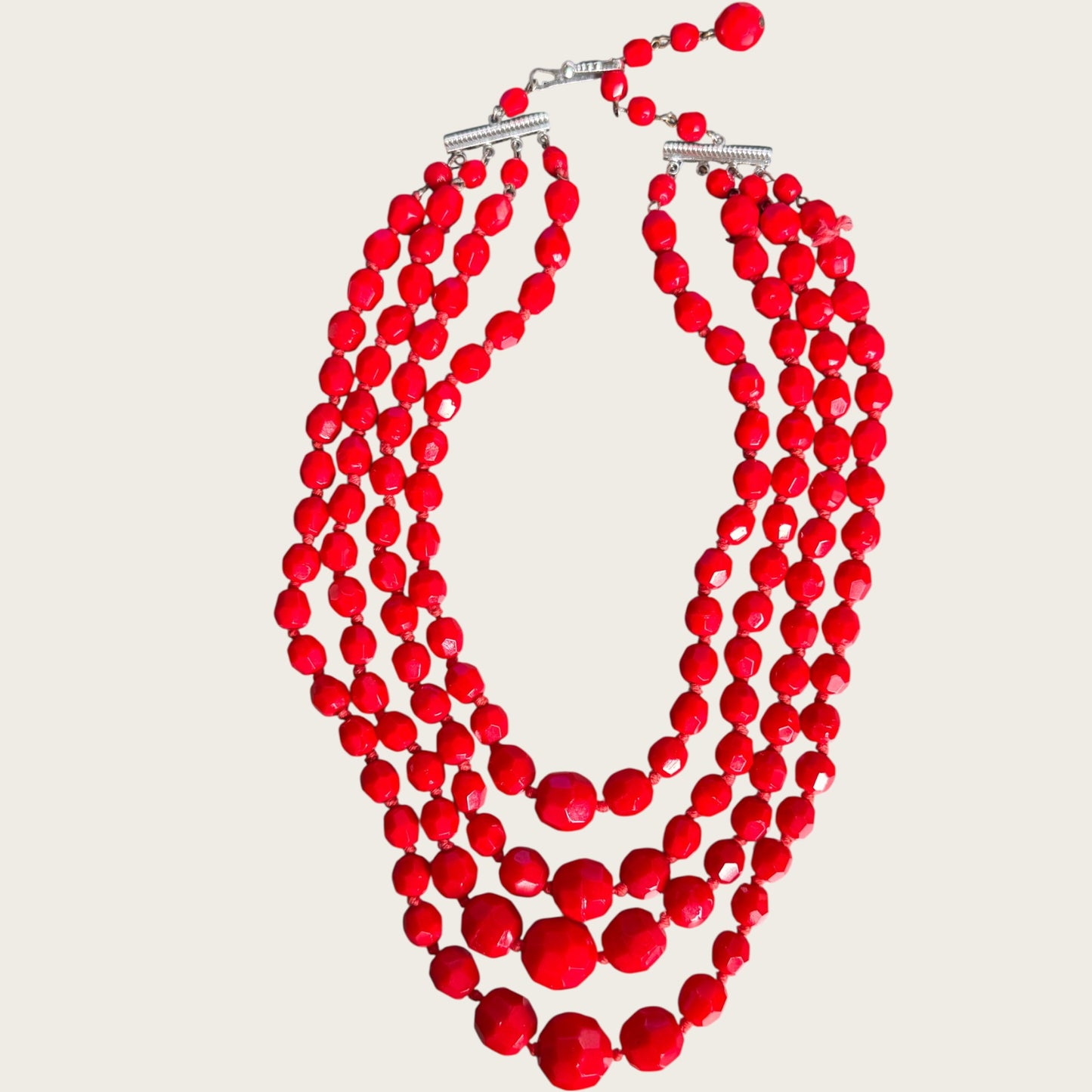 Vintage Made in Germany Four-Strand Red Faceted Glass Bead Necklace – Graduated Mid-Century Statement Jewelry