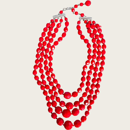 Vintage Made in Germany Four-Strand Red Faceted Glass Bead Necklace – Graduated Mid-Century Statement Jewelry